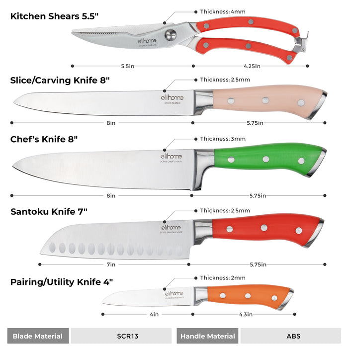Elihome 5pcs Knife Set and 7 Piece Silicone Cooking Utensil Set
