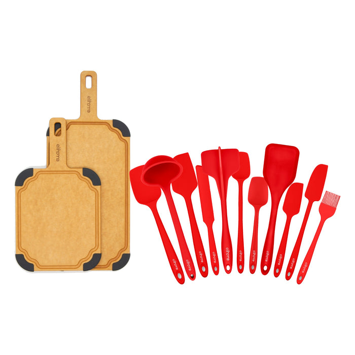 Elihome Paddle Cutting Board and 11 Piece Silicone Cooking Utensil Set