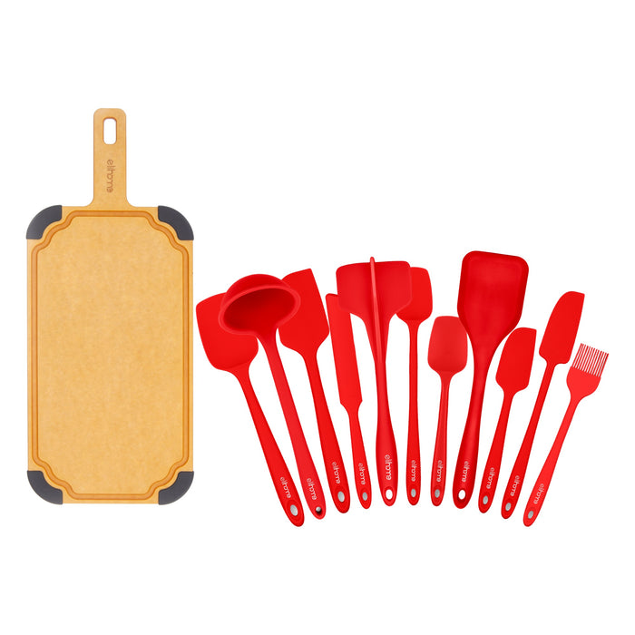 Elihome Paddle Cutting Board and 11 Piece Silicone Cooking Utensil Set