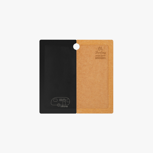 Elihome Camper Series RV sink cover and cutting board, black side beside the natural wood fiber side engraved with Oh Darling Let's Be Adventurers
