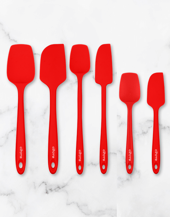 Elihome 6-piece premium red silicone spatula set arranged flat. Includes classic, skinny, and mini sizes of spatulas and spoonulas. Features a seamless, heat-resistant design perfect for baking, mixing, and cooking.
