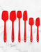 Elihome 6-piece premium red silicone spatula set arranged flat. Includes classic, skinny, and mini sizes of spatulas and spoonulas. Features a seamless, heat-resistant design perfect for baking, mixing, and cooking.