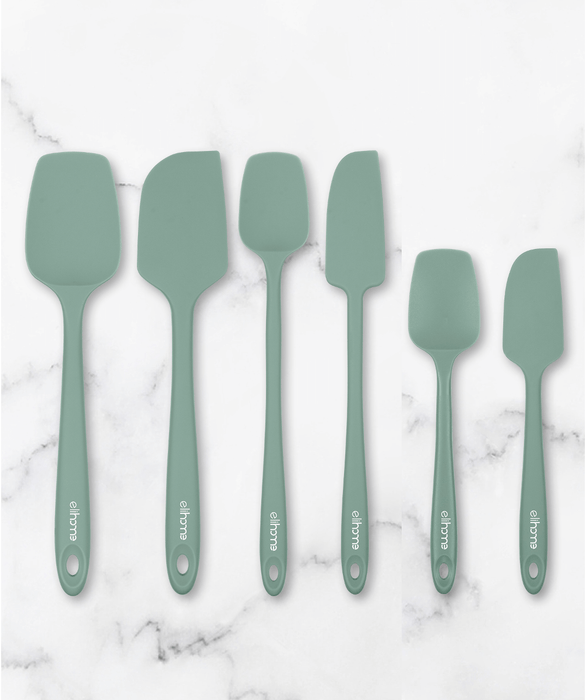 Elihome 6-piece silicone spatula set in Sage Green (Muted Green). Includes large, skinny, and mini spatulas and spoonulas. Seamless, heat-resistant design ideal for modern kitchen aesthetics.