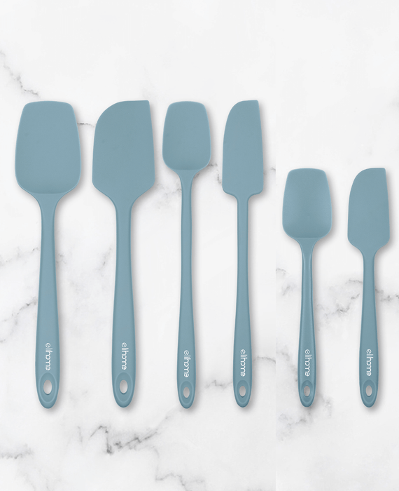 Elihome 6-piece premium silicone spatula set in Tiffany Blue (Teal). Includes classic, skinny, and mini spatulas and spoonulas. Seamless, heat-resistant tools perfect for baking and cake decorating.