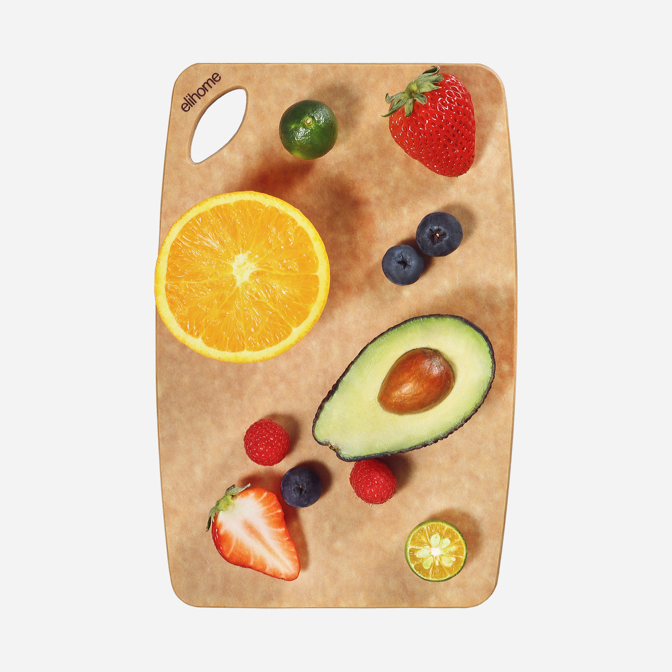 Elihome Classic Series 10x7 inch cutting board with fresh fruits including orange, avocado, and berries