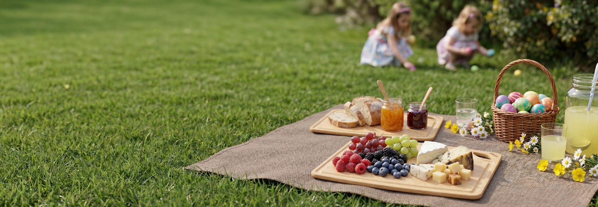 Picnic setup on a grassy field with food and drinks.