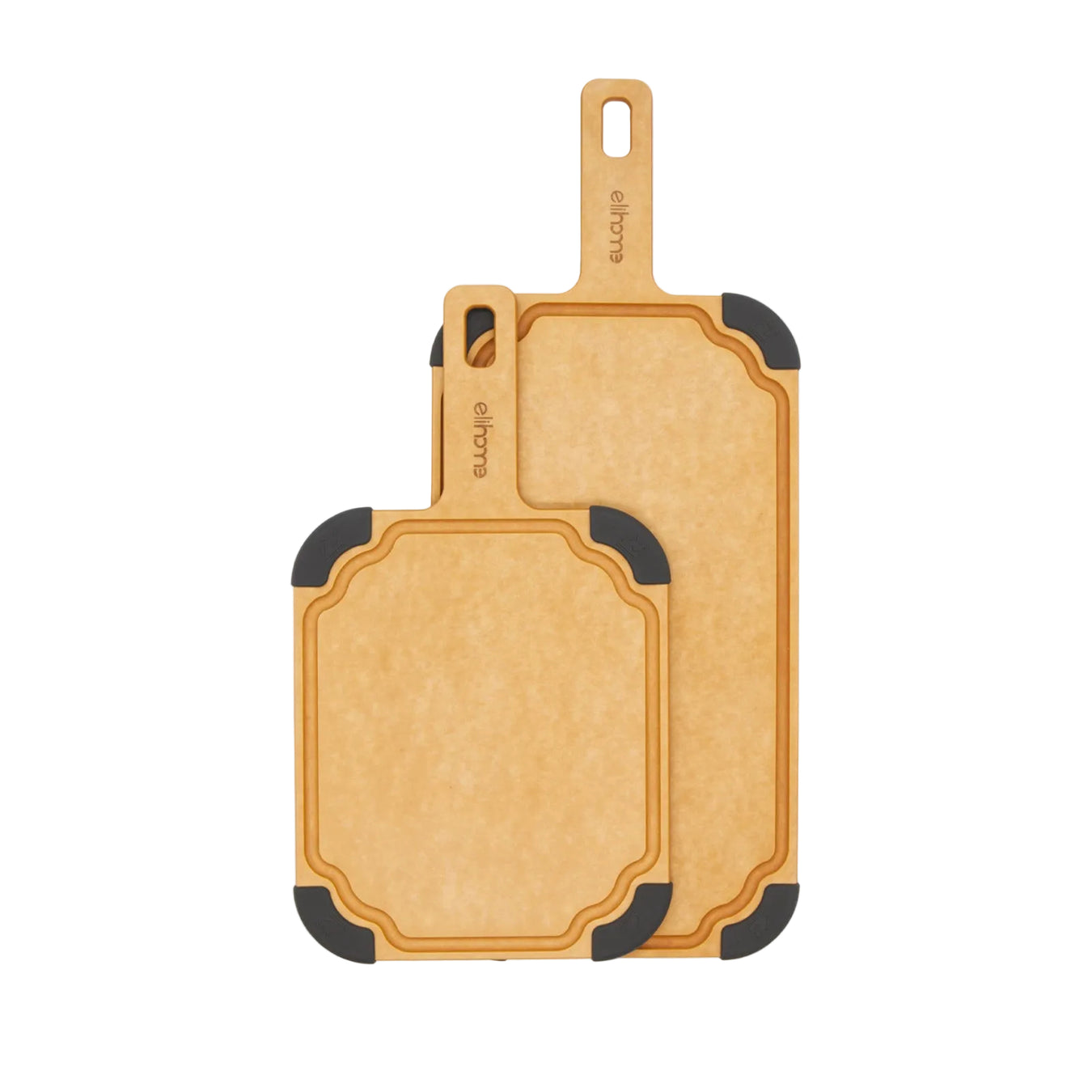 Two wooden cutting boards with black accents on a white background