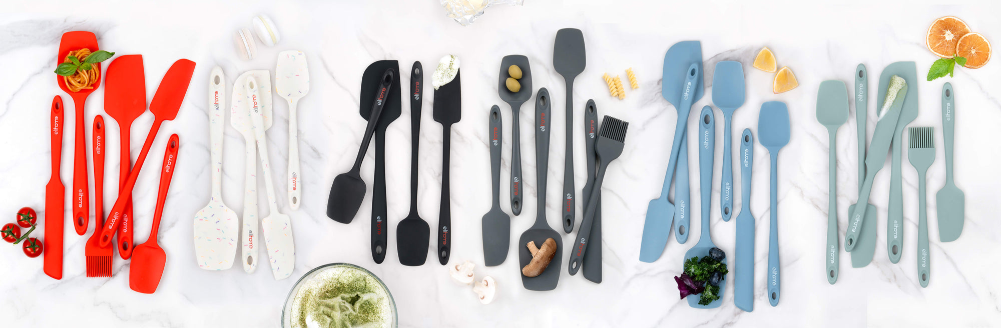 Elihome silicone kitchen utensil sets available in 6 colors including red, black, gray, blue, and green.