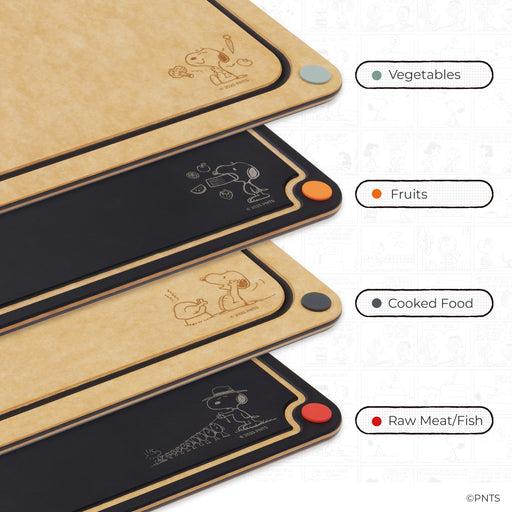 Four food preparation mats with different labels for food categories on a white background.