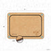 Wooden cutting board with dimensions and a small illustration on a light gray background