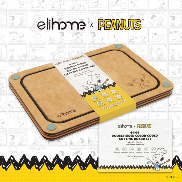 Elihome x Peanuts cutting board set with packaging on a white background