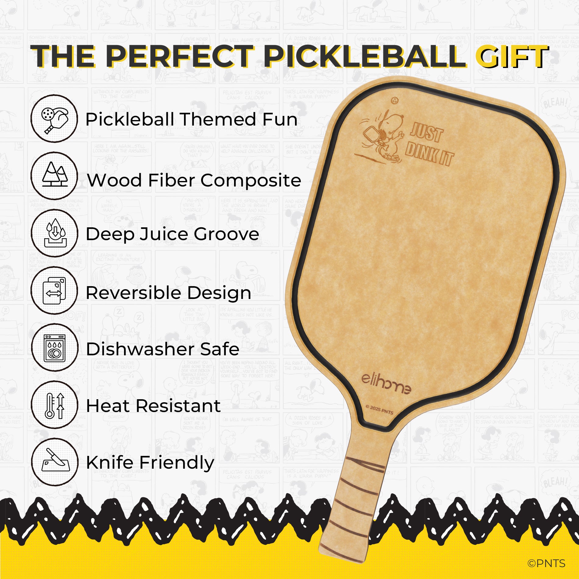 Wooden pickleball paddle with features listed on a white background