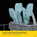 Set of blue silicone utensils in a dishwasher rack with text about stain and odor resistance.