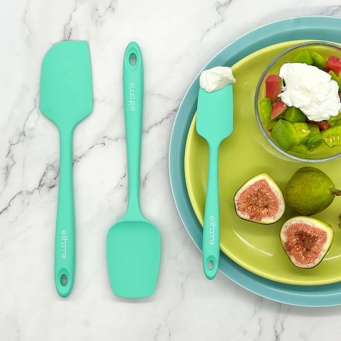Elihome Tiffany Blue (Mint Green) silicone spatula set displayed with fresh figs and fruit salad. The mini spatula is shown serving yogurt, highlighting the refreshing color and versatile design.
