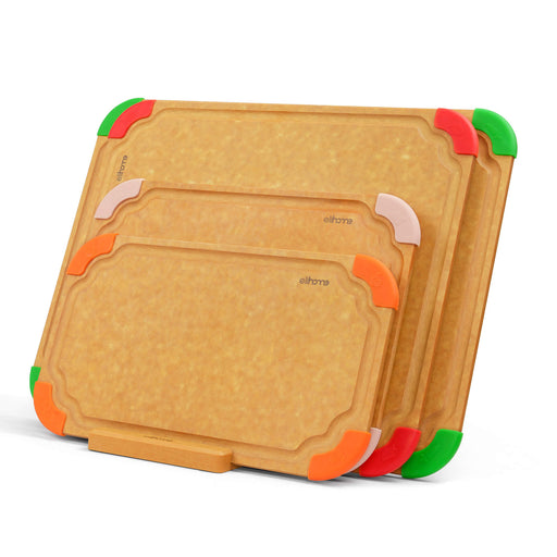 Elihome wood fiber cutting board organizer rack holding 4 different size cutting boards with colorful silicone corners