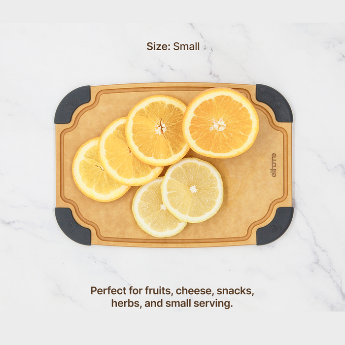 Elihome Essential Series 2-in-1 Cutting Board Set (S+M) - Small board in use on kitchen countertop