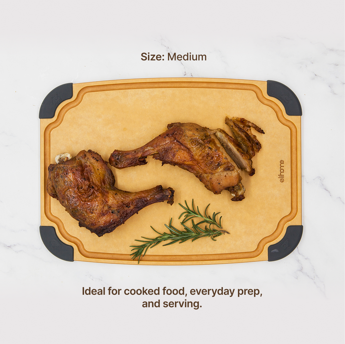 Elihome Essential Series 4-in-1 Cutting Board Set (S+M+L+XL) - Medium board in use on kitchen countertop