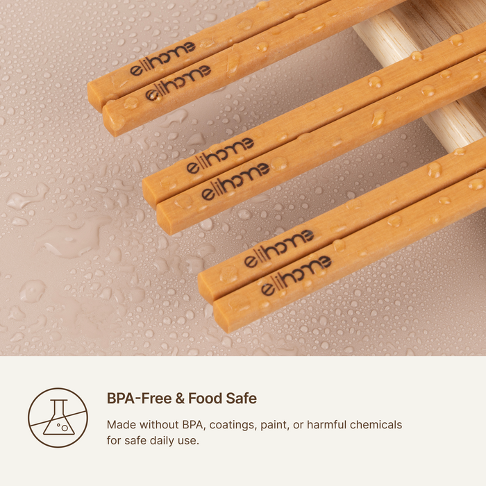 Close-up of Elihome wood fiber chopsticks with water droplets, BPA free and food safe, made without BPA, coatings, paint or harmful chemicals