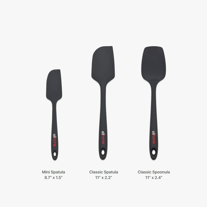 Elihome 3 Piece Silicone Spatula Set size chart showing the Classic Spatula, Classic Spoonula and Mini Spatula with their measurements