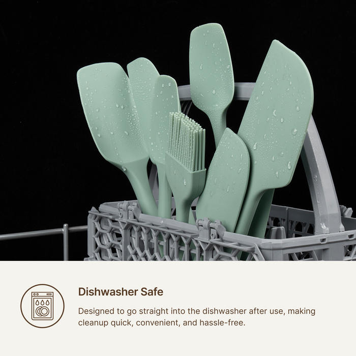 Elihome 3 Piece Silicone Spatula Set standing in a dishwasher rack, designed to go straight into the dishwasher for quick and hassle free cleanup