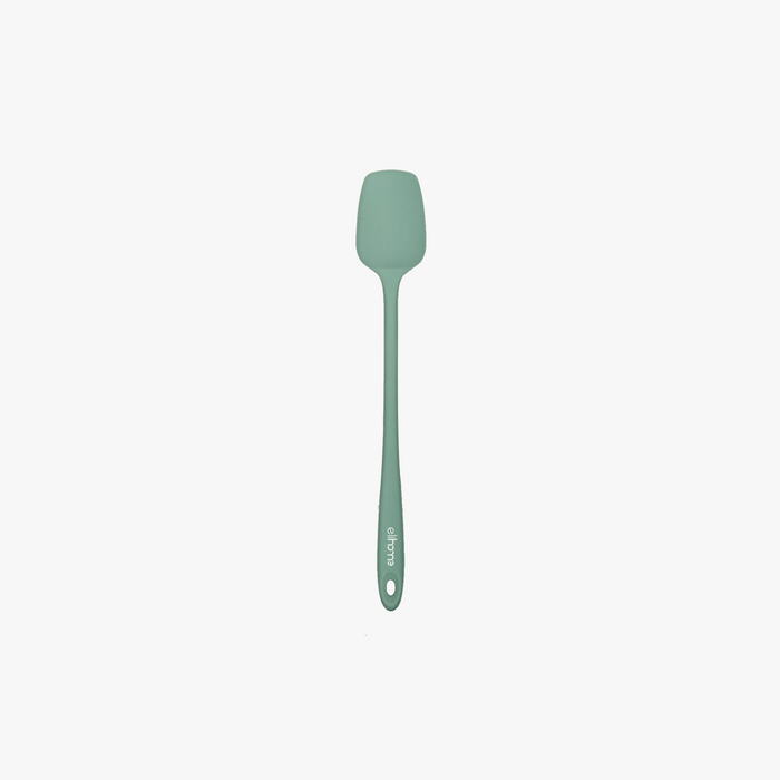 Elihome Skinny Slim Silicone Spoonula in Sage Green, 11 inches by 1.5 inches with seamless one piece design, reinforced steel core and ergonomic non-slip handle