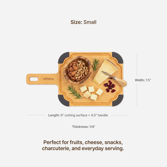 Elihome Paddle Series Small board dimensions - 9" cutting surface plus 4.5" handle, 7.5" wide, 1/4" thick - perfect for fruits, cheese, snacks, charcuterie, and everyday serving