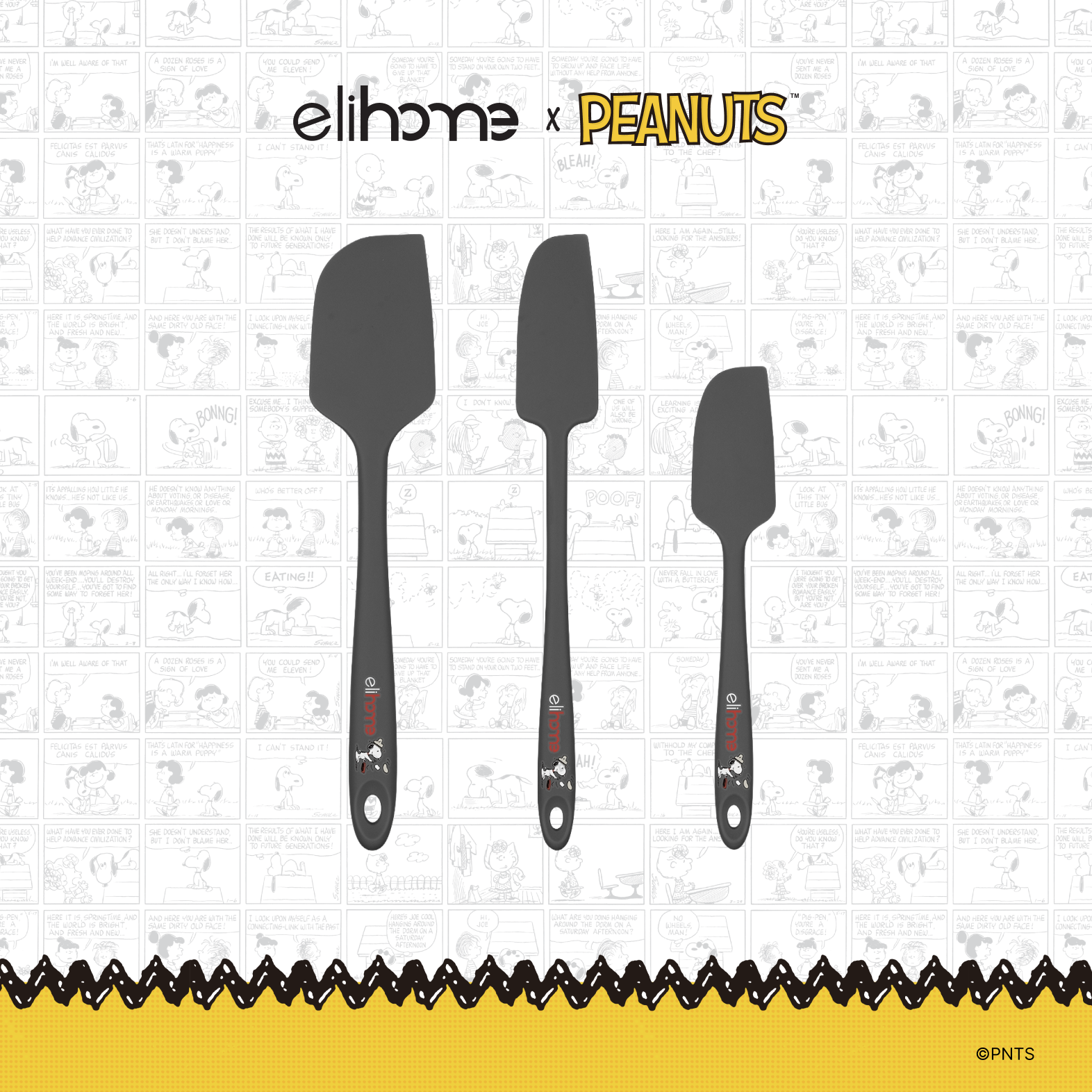 Elihome x Peanuts 3 Piece Silicone Spatula Set with Classic, Skinny and Mini spatulas in Grey with official Snoopy artwork on the handle