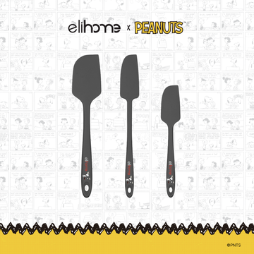 Elihome x Peanuts 3 Piece Silicone Spatula Set with Classic, Skinny and Mini spatulas in Grey with official Snoopy artwork on the handle
