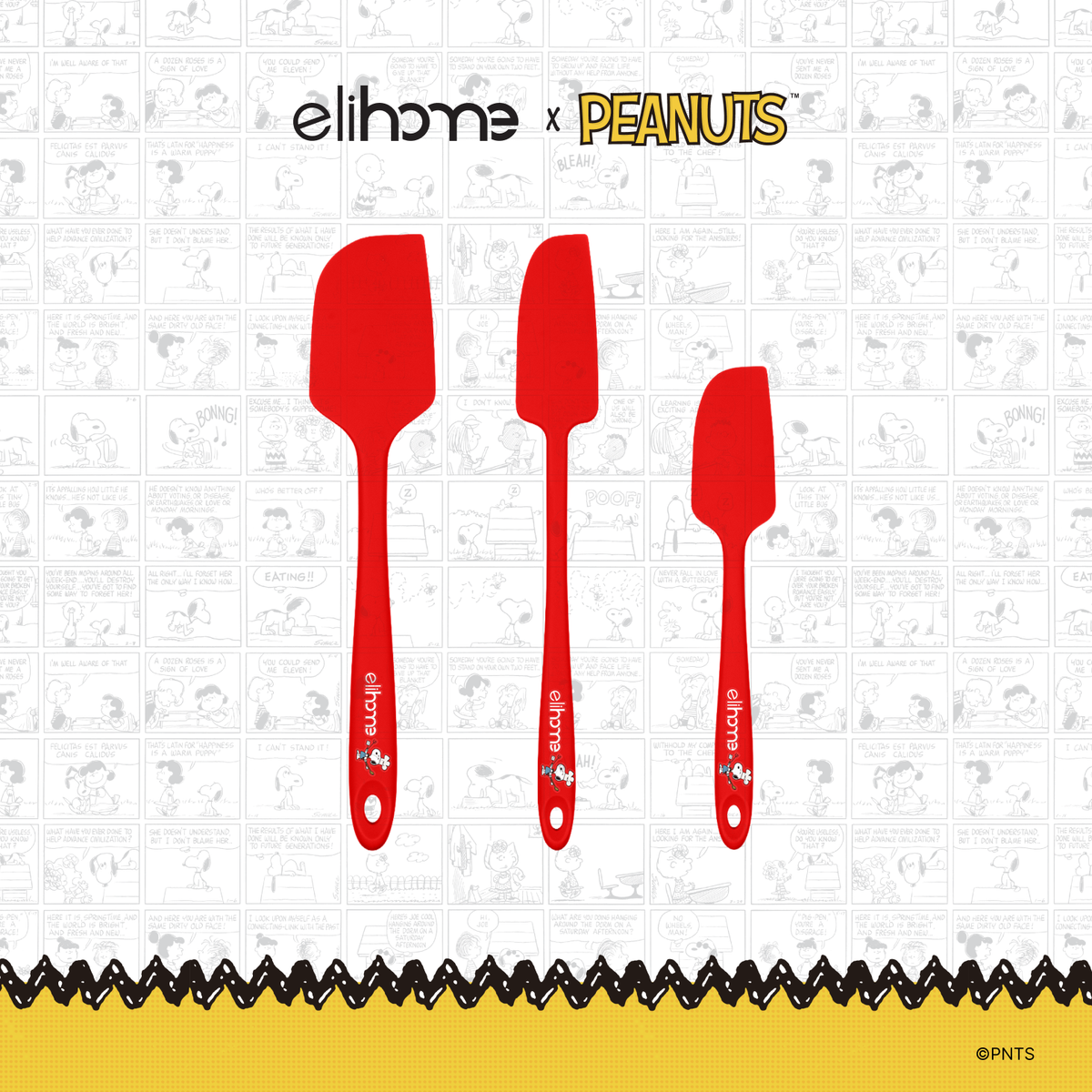 Elihome x Peanuts 3 Piece Silicone Spatula Set with Classic, Skinny and Mini spatulas in Red with official Snoopy artwork on the handle
