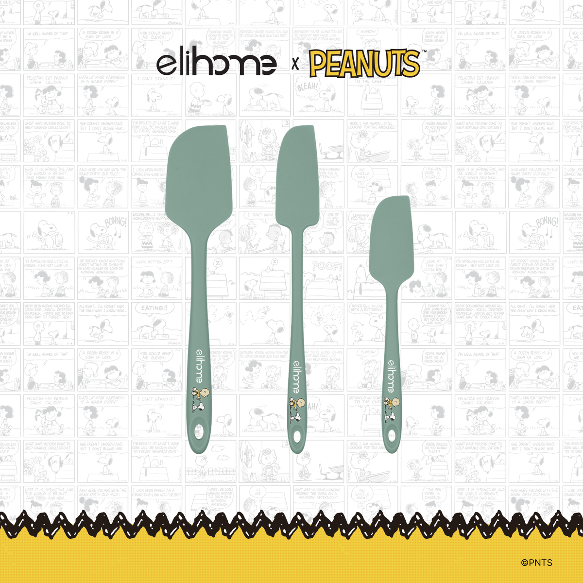 Elihome x Peanuts 3 Piece Silicone Spatula Set with Classic, Skinny and Mini spatulas in Sage Green with official Snoopy artwork on the handle