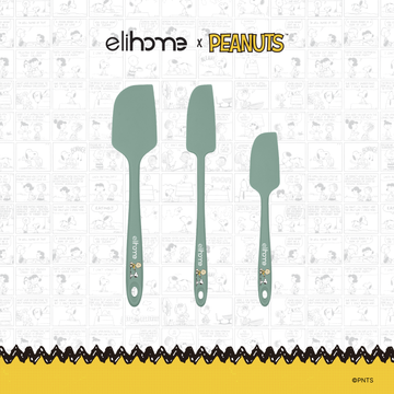 Elihome x Peanuts 3 Piece Silicone Spatula Set with Classic, Skinny and Mini spatulas in Sage Green with official Snoopy artwork on the handle