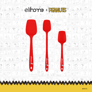 Elihome x Peanuts 3 Piece Silicone Spoonula Set with Classic, Skinny and Mini spoonulas in Red with official Snoopy artwork on the handle