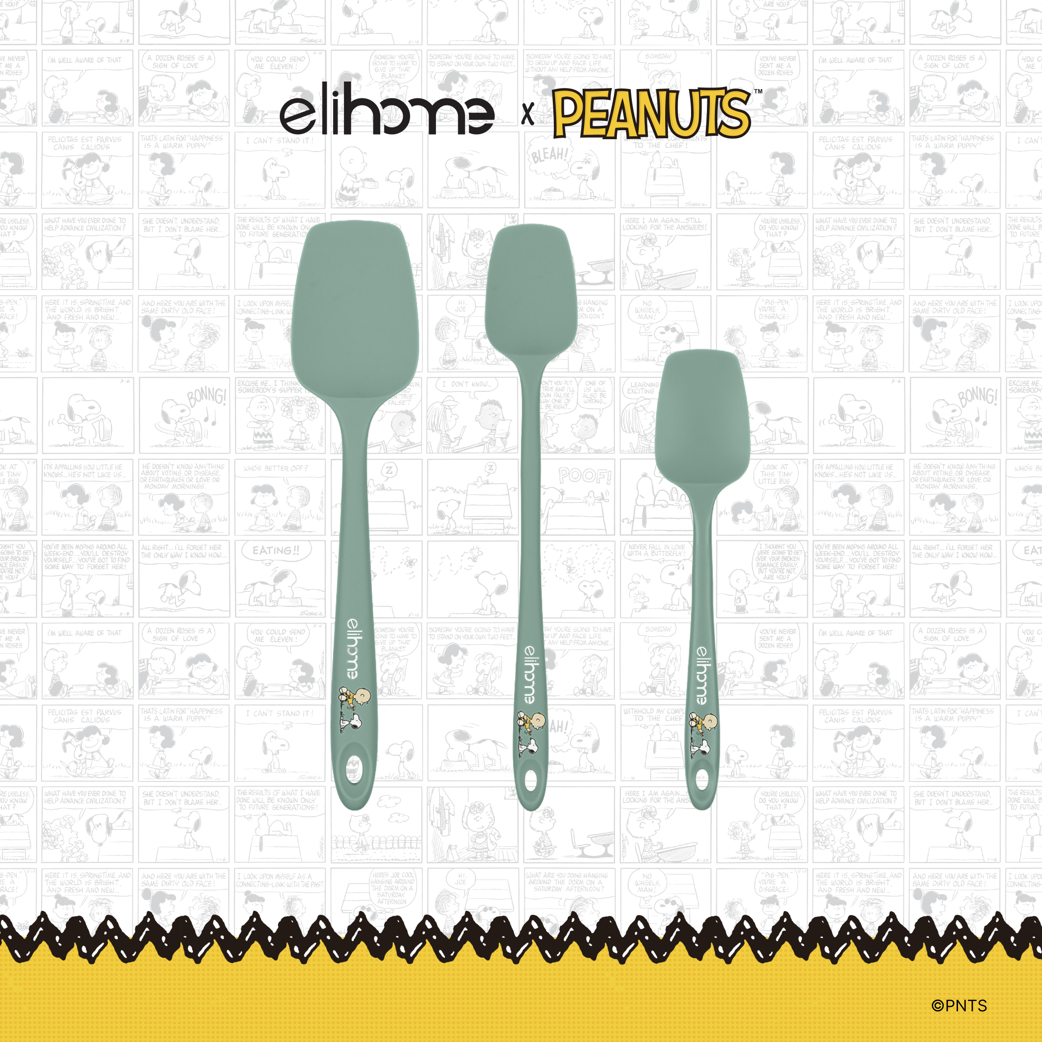 Elihome x Peanuts 3 Piece Silicone Spoonula Set with Classic, Skinny and Mini spoonulas in Sage Green with official Snoopy artwork on the handle