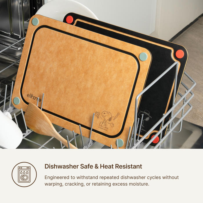Elihome x Peanuts 4-in-1 cutting boards in a dishwasher rack, engineered to withstand repeated dishwasher cycles without warping or cracking
