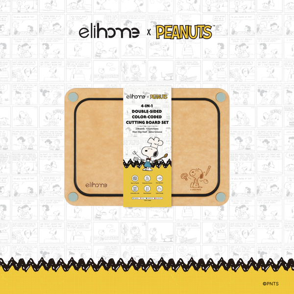 Elihome x Peanuts 4-in-1 Double-Sided Color-Coded Cutting Board Set in its Snoopy gift packaging in front of a natural wood fiber board