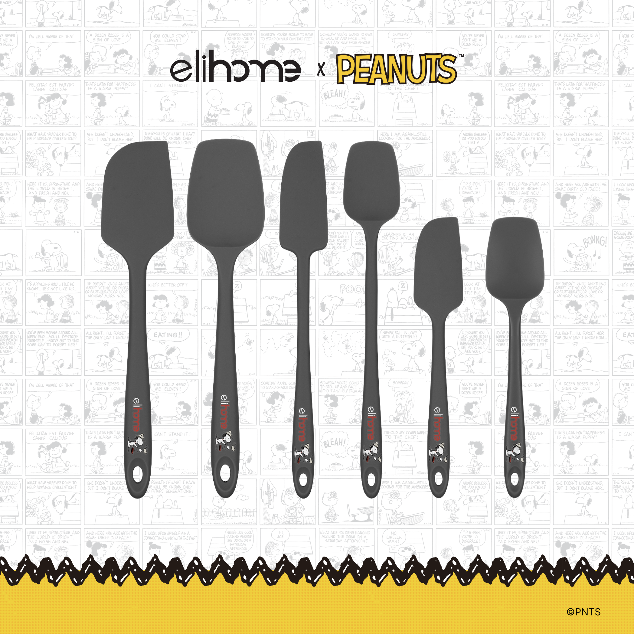 Elihome x Peanuts 6 Piece Silicone Spatula Set with Classic, Skinny and Mini spatulas and spoonulas in Grey with official Snoopy artwork on the handle
