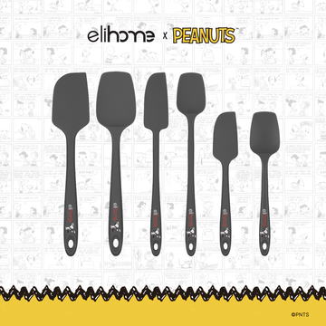 Elihome x Peanuts 6 Piece Silicone Spatula Set with Classic, Skinny and Mini spatulas and spoonulas in Grey with official Snoopy artwork on the handle