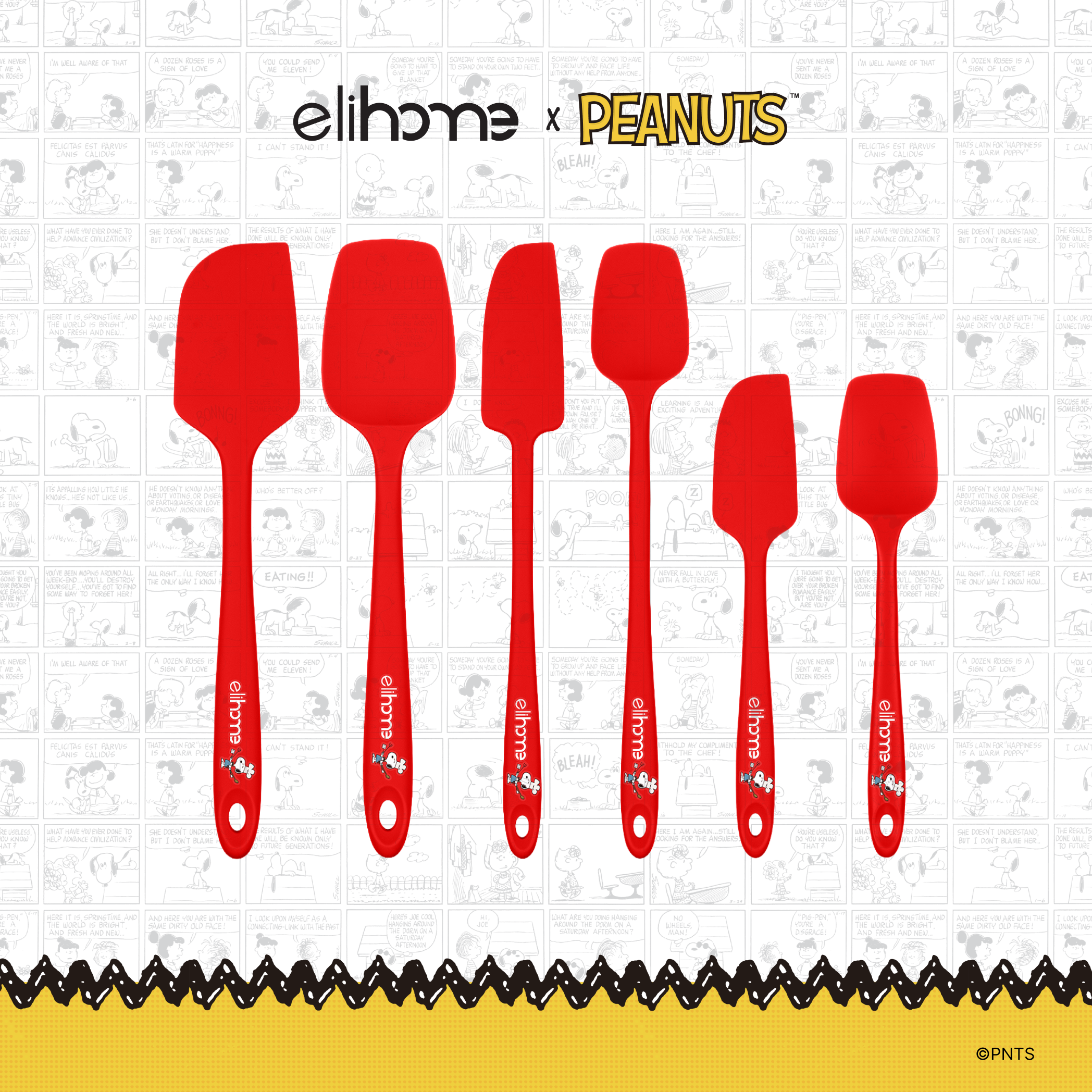 Elihome x Peanuts 6 Piece Silicone Spatula Set with Classic, Skinny and Mini spatulas and spoonulas in Red with official Snoopy artwork on the handle