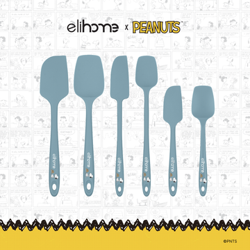 Elihome x Peanuts 6 Piece Silicone Spatula Set with Classic, Skinny and Mini spatulas and spoonulas in Teal Grey with official Snoopy artwork on the handle