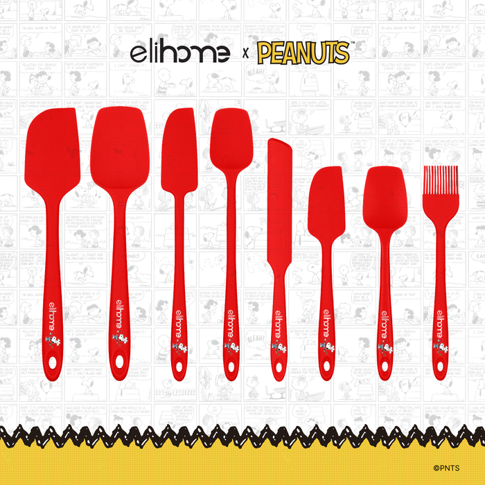 Elihome x Peanuts 8 Piece Silicone Spatula Set with six spatulas and spoonulas, a spreader and a basting brush in Red with official Snoopy artwork on the handle