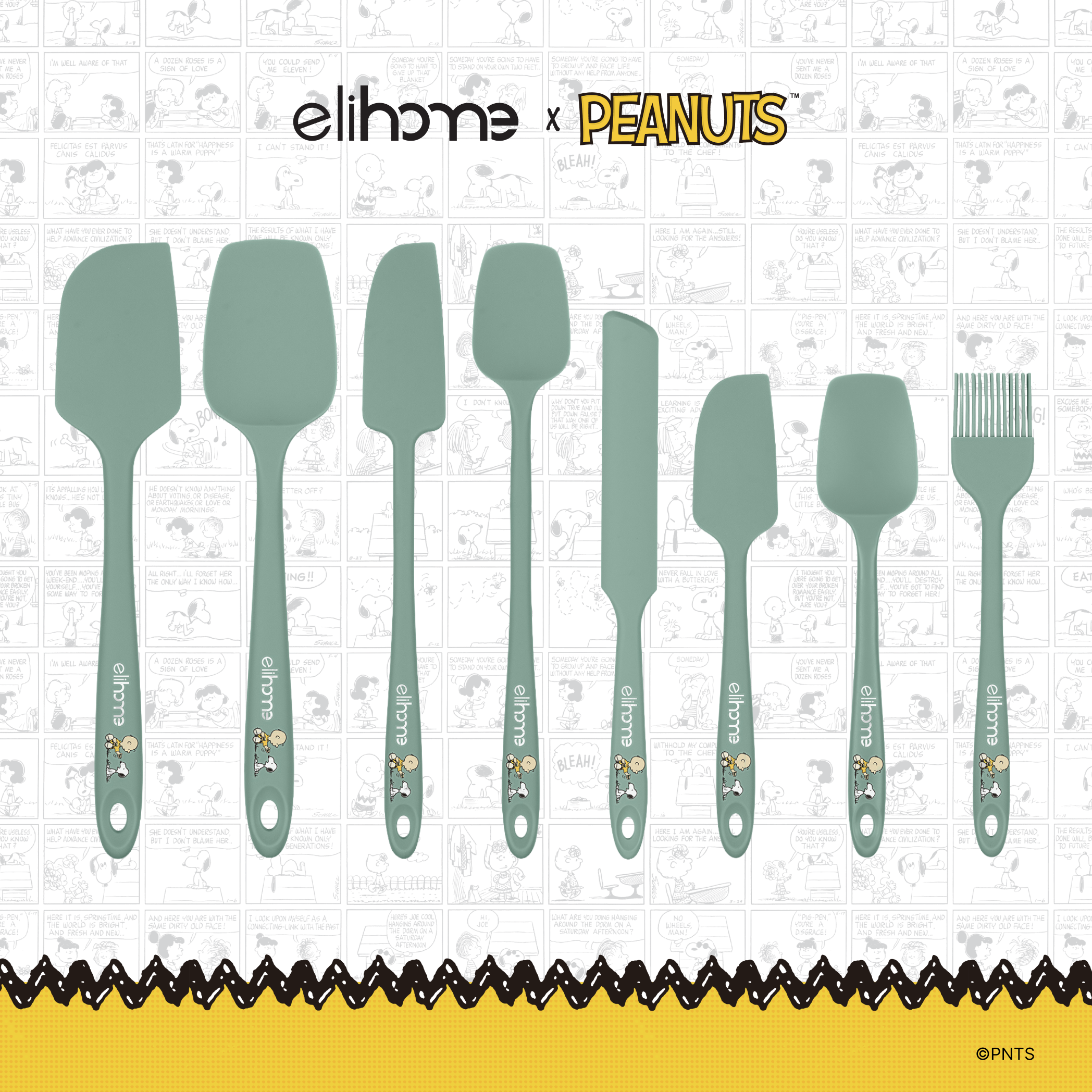 Elihome x Peanuts 8 Piece Silicone Spatula Set with six spatulas and spoonulas, a spreader and a basting brush in Sage Green with official Snoopy artwork on the handle