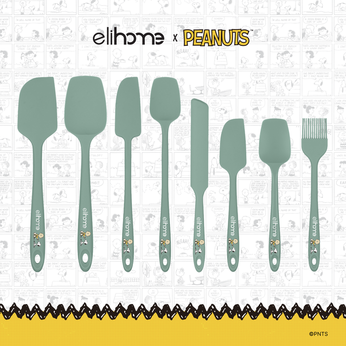 Elihome x Peanuts 8 Piece Silicone Spatula Set with six spatulas and spoonulas, a spreader and a basting brush in Sage Green with official Snoopy artwork on the handle