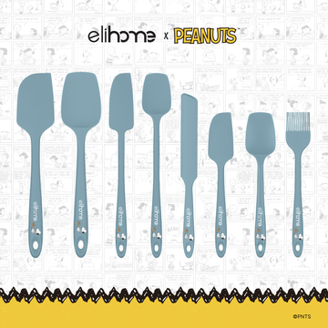 Elihome x Peanuts 8 Piece Silicone Spatula Set with six spatulas and spoonulas, a spreader and a basting brush in Teal Grey with official Snoopy artwork on the handle