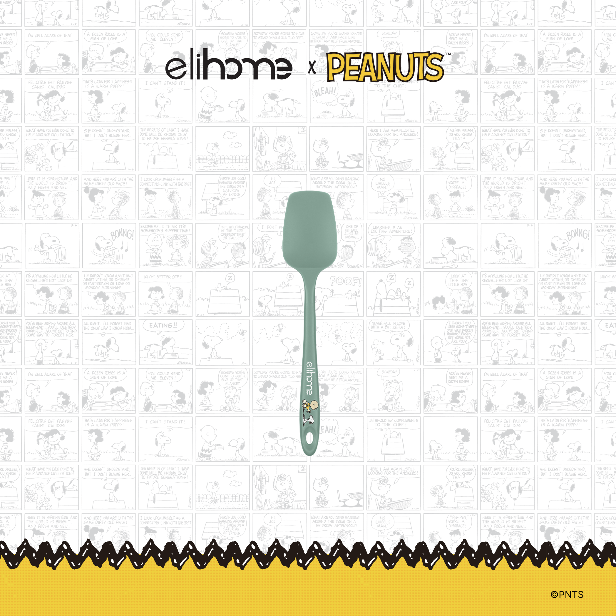 Elihome x Peanuts Mini Silicone Spoonula, 8.75 inches by 1.8 inches in Sage Green with official Snoopy artwork on the handle