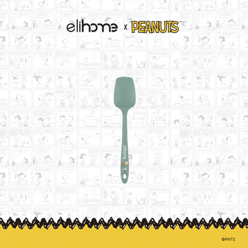 Elihome x Peanuts Mini Silicone Spoonula, 8.75 inches by 1.8 inches in Sage Green with official Snoopy artwork on the handle