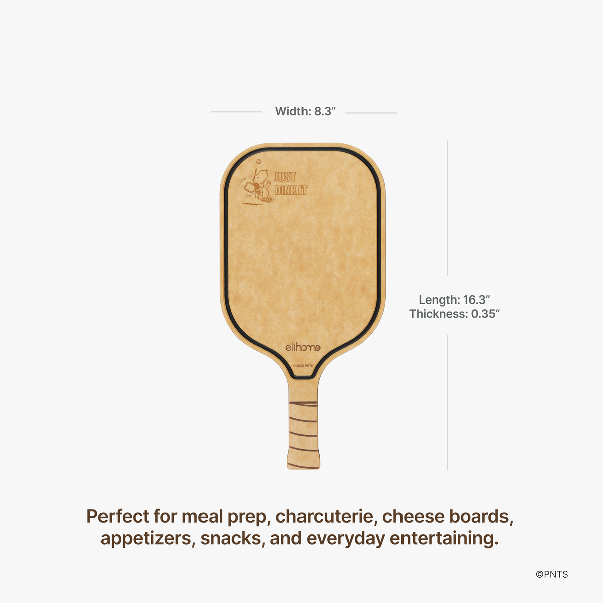 Elihome x Peanuts pickleball charcuterie cutting board measuring 8.3 inches wide, 16.3 inches long and 0.35 inches thick, perfect for meal prep, charcuterie, cheese boards, appetizers and snacks