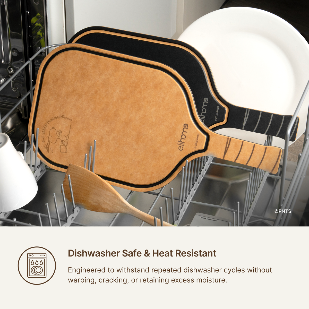 Elihome x Peanuts pickleball paddle boards in a dishwasher rack, engineered to withstand repeated dishwasher cycles without warping or cracking