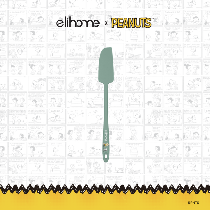 Elihome x Peanuts Skinny Silicone Spatula, 11 inches by 1.5 inches in Sage Green with official Snoopy artwork on the handle