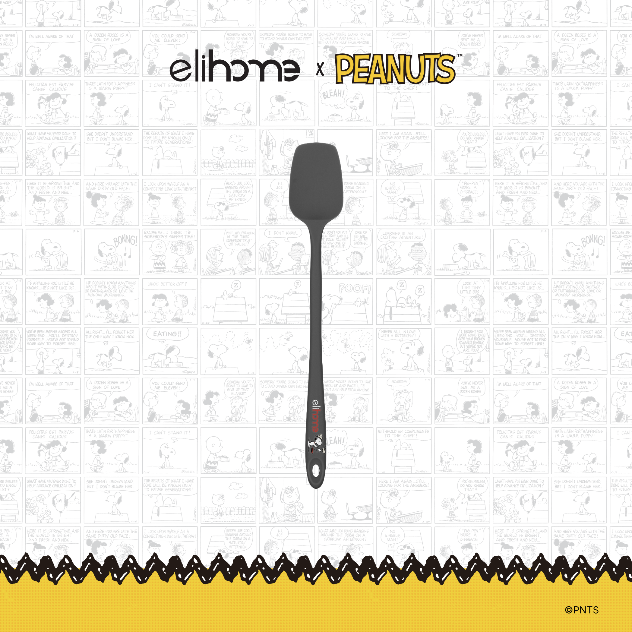 Elihome x Peanuts Skinny Silicone Spoonula, 11 inches by 1.5 inches in Grey with official Snoopy artwork on the handle