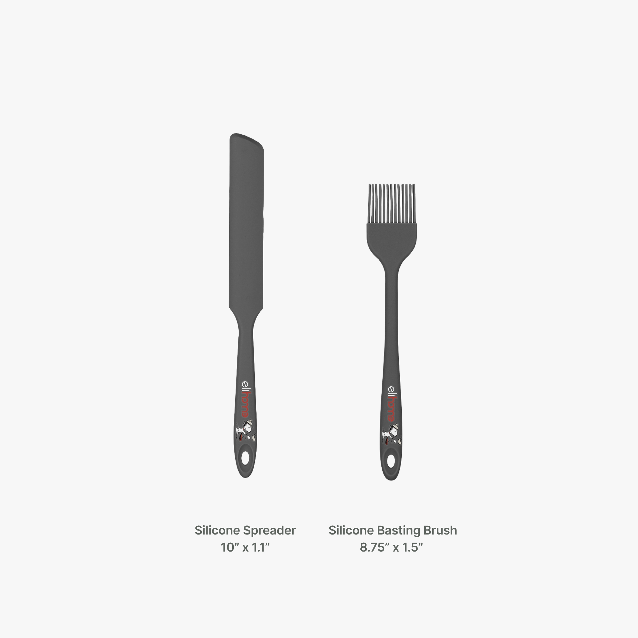 Elihome x Peanuts Silicone Spreader measuring 10 inches by 1.1 inches beside the Silicone Basting Brush measuring 8.75 inches by 1.5 inches